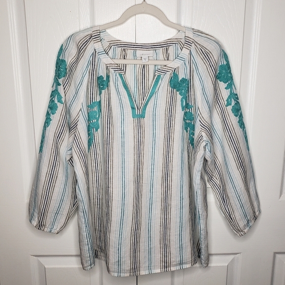 J Jill Love Linen Popover Top Embroidery M 100% Linen Raglan Sleeves Split Neck - Picture 1 of 13